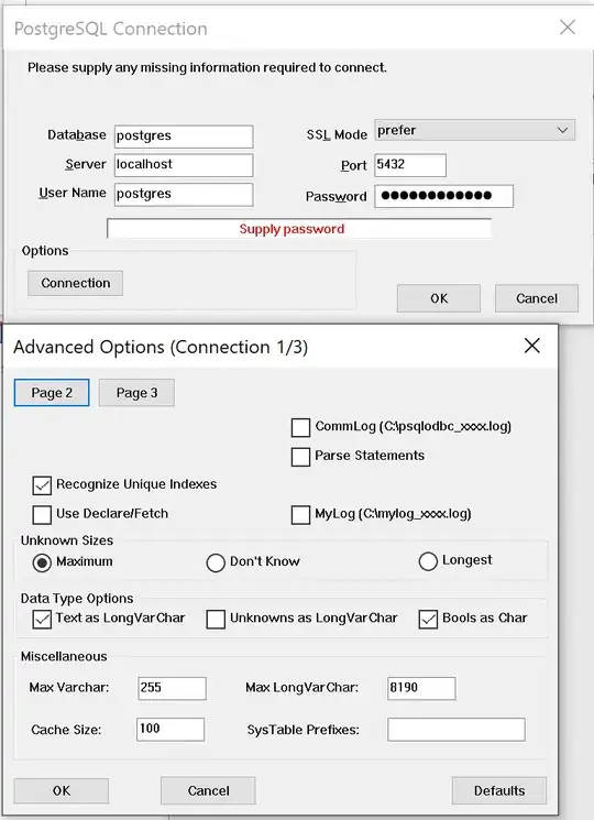 PostgreSQL and Advanced Options dialogs