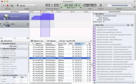 Instruments showing object history and callstack detail