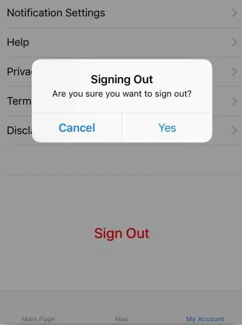 Pressing the sign out button causes an alert to appear, hitting yes segues the user (now logged out) to the original screen