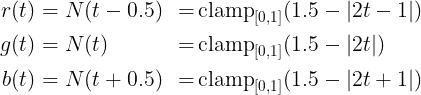 r = N(t - 0.5), g = N(t), b = N(t + 0.5)
