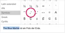 Bildschirmfoto des Sonderzeicheneinfügewerkzeugs, ausgewähltem Text und dem einzufügenden Sonderzeichen