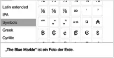 Bildschirmfoto des Sonderzeicheneinfügewerkzeugs und desselben Texts nach dem Einfügen des Sonderzeichens.