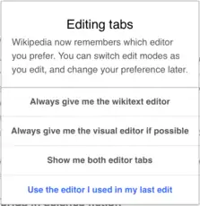 Bildschirmansicht des Menüs zum Umschalten vom Wikitext- zum VisualEditor