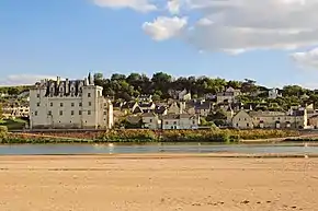 Frontale Farbfotografie eines horizontalen Flussverlaufs mit einem kleinen Schloss links und kleinen Häusern rechts. Die Häuser führen bis zum Hang im Hintergrund. Das zweigeschossige Schloss hat mehrere Dachgiebeln und Ecktürme. Im Vordergrund liegt ein Sandufer.