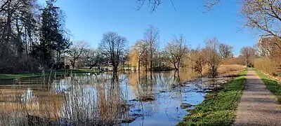 Überschwemmung der Schwartau am Kurpark am 26. Februar 2022, Pegelstand = 2,2 Meter.