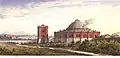 Dampflokomotivenhalle der Nikolai-Eisenbahn (1850er Jahre, Aquarell von Żelaziewicz)