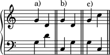

\new PianoStaff <<
<<
   \new Staff <<
    \set Score.tempoHideNote = ##t
    \tempo 4 = 45
    \override Staff.TimeSignature.transparent = ##t
     <<
     \new Voice = "first"
       \relative c''
          { g^"a)" d \bar "||" g^"b)" d \bar "||" g^"c)" c \bar "||" }

     >>

     >>

    \new Staff <<
           \override Staff.TimeSignature.transparent = ##t
              \clef "bass"
              \relative c { g' d' \bar "||" c, g' \bar "||" g c, \bar "||"}
  >>

 >>

>>

