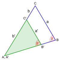 S:S:W-Satza : a' = (b + b') : b',die den größeren Seiten gegenüberliegenden Winkel (β, β') stimmen überein