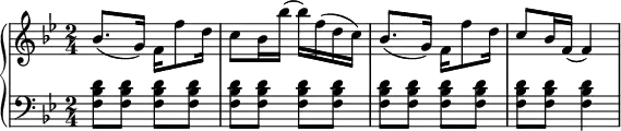 {
\set Score.tempoHideNote = ##t
\new PianoStaff <<
\new Staff { \clef violin \key bes \major \time 2/4 \tempo 4 = 80
bes'8.( g'16) f' f''8 d''16
c''8 bes'16 bes''16( bes'') f''( d'' c'')
bes'8.( g'16) f' f''8 d''16
c''8 bes'16 f'( f'4)
}
\new Staff { \clef bass \key bes \major \time 2/4
<f bes d'>8 <f bes d'> <f bes d'> <f bes d'>
<f bes d'>8 <f bes d'> <f bes d'> <f bes d'>
<f bes d'>8 <f bes d'> <f bes d'> <f bes d'>
<f bes d'>8 <f bes d'> <f bes d'>4
}
>> }