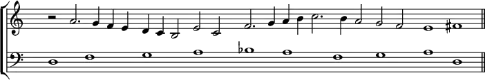 \new ChoirStaff <<
\new Staff <<
\set Score.tempoHideNote = ##t
\tempo 2 = 88
\time 4/2
\override Staff.TimeSignature.transparent = ##t
\hide Staff.BarLine
\set Score.skipBars = ##t
\relative c''
{ r2 a2. g4 f e d c b2 e c f2. g4 a b c2. b4 a2 g f e1 fis \undo \hide Staff.BarLine \bar "||" }
>>
\new Staff <<
\clef "bass"
\override Staff.TimeSignature.transparent = ##t
\hide Staff.BarLine
\relative c { d1 f g a bes a f g a \undo \hide Staff.BarLine d, }
>>
>>