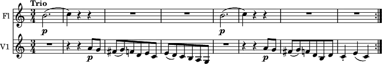 
<<
  \new Staff \with { instrumentName = #"Fl "}
  \relative c'' {
     \version "2.18.2"
     \key c \major
     \tempo "Trio"
     \time 3/4
     \set Staff.midiInstrument = "flute"
     \tempo 4 = 130
    b2. \p (c4)  r4 r4
    R2. R2.
    b2. \p (c4)  r4 r4
    R2. R2.
  }
  \new Staff \with { instrumentName = #"V1 "}
\relative c'' {
  \version "2.18.2"
    \key c \major
    \time 3/4
    \set Staff.midiInstrument = "violin"
    \tempo "Trio"
  R2. r4 r4 a8 \p g
fis (g) f d e c
e (d) c b a g
 R2. r4 r4 a'8 \p g
fis (g) f d b d
c4-. e (c) \bar ":|."
  }
>>
