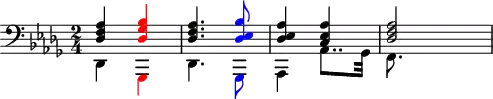 
\version "2.14.2"
\header {
  tagline = ##f
        }
upper = \relative c {
  \key des \major
  \time 2/4
  \tempo 4 = 54
  \clef bass
       <<
         {
           \voiceOne
           <des f as> \override NoteHead.color = #red \override Stem.color = #red <des ges bes> \revert NoteHead.color \revert Stem.color <des f as>4. \override NoteHead.color = #blue \override Stem.color = #blue <des es bes'>8 \revert NoteHead.color \revert Stem.color <des es as>4 <c es as> <des f as>2
         }
         \new Voice {
           \voiceTwo
           des,4 \tweak NoteHead.color #red \tweak Stem.color #red ges, des'4. \tweak NoteHead.color #blue \tweak Stem.color #blue ges,8 as4 as'8.. ges32 f8.
         }
       >>
                }
\score {
    \new Staff = "upper" \upper
  \layout {
    \context {
      \Score
      \remove "Metronome_mark_engraver"
    }
  }
  \midi { }
}
