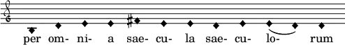  { \clef "petrucci-g" \override Staff.TimeSignature #'stencil = ##f \set Score.timing = ##f \override Voice.NoteHead #'style = #'harmonic-black b1 d'1 e'1 e'1 fis'1 e'1 e'1 d'1 e'1 e'1 (d'1) d'1 } \addlyrics { per om- ni- a  sae- cu- la sae- cu- lo- rum } 