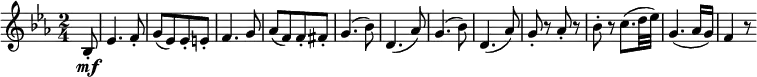  { \relative bes { \key es \major \time 2/4
\partial 8 bes8-. \mf | es4. f8-. | g8([ es) es-. e-.] | f4. g8 | as8([ f) f-. fis-.] |
g4.( bes8) | d,4.( as'8) | g4.( bes8) | d,4.( as'8) | g8-. r as-. r | bes8-. r c8.( d32 es) |
g,4.( as16 g) | f4 r8
}} 