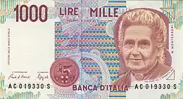 Vorderseite einer 1000-Lire-Banknote