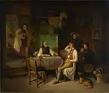 Die Familie ist versammelt um den Tisch in der Stube. Am Tisch legt eine alte Frau Karten aus. Der Vater lehnt sich, von der Vorhersage erschreckt, zurück.