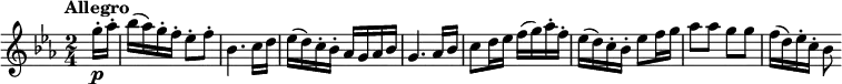 
\version "2.14.2"
 \relative c'' {
         \clef "treble" 
         \tempo "Allegro"
         \key ees \major
         \time 2/4 
         \tempo 4 = 120
     \partial 4 \partial 8   g'16-.\p aes-.
     bes (aes) g-. f-. ees8-. f-.
     bes,4. c16 d
     ees (d) c-. bes-. aes g aes bes
     g4. aes16 bes
     c8 d16 ees f (g) aes-. f-.
     ees (d) c-. bes-. ees8 f16 g
     aes8 aes g g
     f16 (d) ees-. c-. bes8
 }
