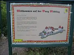 Tafel des Lehrpfades in der Burg mit rekonstruierter Darstellung der Burg im intakten Zustand