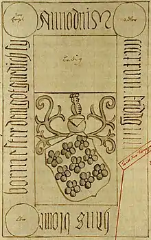 Das Familienwappen von Hans Blome dem Jüngeren auf der verschollenen Grabplatte in der Marktkirche von Hannover zeigt im Schild neun als Blüten stilisierte Blumen