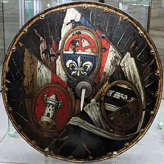 Rundschild mit den Wappen der drei obersten Hauptleute Volckamer, Harsdörffer und Tucher, 1590