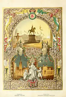 „Titel­bild“ des an­lässlich der Ein­weihungs-Feier­lich­keiten des Denk­mals ent­standenen Ernst August Albums; Platten-Farblitho­grafie nach Carl Fink von Klind­worth's Hof­druckerei, um 1862
