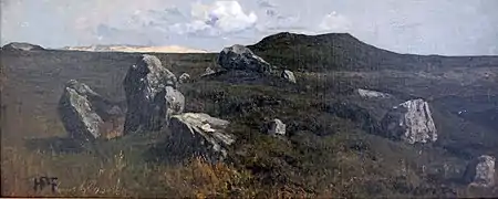 Hans Peter Feddersen Hünengräber auf Sylt, 1872, Öl auf Leinwand 27 cm × 68,5 cm, Kunsthalle Kiel
