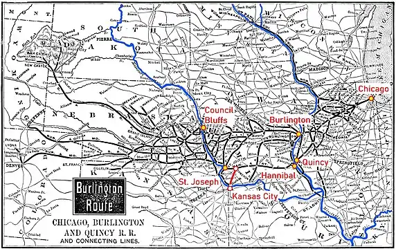 Streckennetz der CB&Q 1891, Joy erweiterte das Netz bis 1871 vom Mississippi bei Burlington und Quincy  westwärts zum Missouri nach Council Bluffs, Saint Joseph  und Kansas City