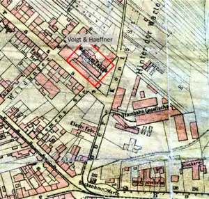 Lage der Firma Voigt & Haeffner in einem alten Stadtplan (Jahr unbekannt)