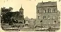 Dorfkirche und Schulgebäude mit Denkmal für Kaiser Wilhelm I. 1899