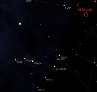Der rote Kreis markiert den Ort von 18 Scorpii im Skorpion.