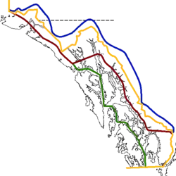 ﻿von den Vereinigten Staaten beanspruchte Grenzziehung
﻿vom Vereinigten Königreich beanspruchte Grenzziehung
﻿1903 einvernehmlich festgelegter Grenzverlauf