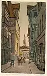 Um 1921: Blick durch die belebte Roßmühle über die Leineinsel Klein-Venedig zum Turm der Neustädter Kirche;farbige Radierung von Georg Dieckmann