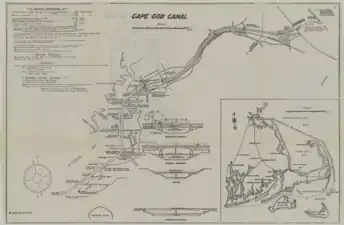 Eine Karte des Cape-Cod-Kanals aus dem Jahr 1922, auf der Brücken, Anlegestellen und andere Merkmale verzeichnet sind.