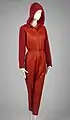 Bonnie Cashin-Overall von 1963, rotes Leder mit Mohair-Strickkapuze und -Ärmeln
