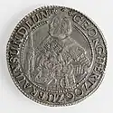 Thaler Georg 1639: Geharnischtes Hüftbild mit Kommandostab und Helm / 5fach behelmtes 11feldiges Wappen (Welter 1453)