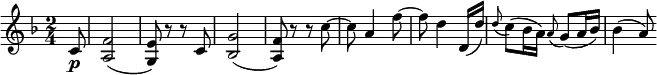  { \relative c' { \key f \major \time 2/4
\partial 8 c8 \p | <f a,>2( | <e g,>8) r r c | <g' bes,>2( | <f a,>8) r r c'~ | c8 a4 f'8~ | f8 d4 d,16( d') |
\appoggiatura d8 c8( bes16 a) \appoggiatura  a8 g8( a16 bes) | bes4( a8) }} 
