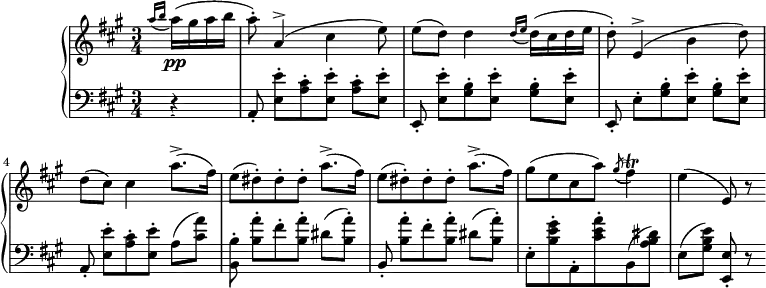 
\version "2.14.2"
\header {
  tagline = ##f
}
upper = \relative c'' {
  \clef treble 
  \key a \major
  \time 3/4
  \tempo 4 = 102
    \set Staff.midiInstrument = #"violin"

  \partial 4
 \acciaccatura { a'16[ b] }
  a16\pp( gis a b
  a8-.) a,4^>( cis e8)
  e8( d) d4 \acciaccatura { d16[ e] }  d16( cis d e 
  d8-.) e,4^>( b' d8)
  d8( cis) cis4
  \repeat unfold 2 { a'8.->( fis16) e8[( dis-.) dis-. dis-.] } a'8.->( fis16)
  gis8( e cis a') \acciaccatura gis8( fis4)\trill % \startTrillSpan { \afterGrace e16[ fis]\stopTrillSpan }
  e4( e,8) r8

}

lower = \relative c {
  \clef bass
  \key a \major
  \time 3/4
    \set Staff.midiInstrument = #"pizzicato strings"
    
   \acciaccatura s8
   \partial 4
   r4
   a8-. < e'' e, >8-.[ \repeat unfold 2 { < cis a >8-. < e e, >8-.] }
   e,,8-. < e'' e, >8-.[ \repeat unfold 2 { < b gis >8-. < e e, >8-.] }
   e,,8-. e'8-.[ \repeat unfold 2 { < b' gis >8-. < e e, >8-.] }
   a,,8-. < e'' e, >8-.[ < cis a >8-. < e e, >8-.] a,( < a' cis, >8)
   < b, b, >8-. < a' b, >8-.[ fis-. < a b, >8-.] dis,( < a' b, >8-.)
   b,,8-. < a'' b, >8-.[ fis-. < a b, >8-.] dis,( < a' b, >8-.)
   e,8-. < gis' e b >8-. a,,8-. < a'' e cis >8-. b,,( < dis' b a >8)
   e,8[( < e' b gis >8)] < e, e, >8-. r8 \bar ":|"

}

\score {
  \new PianoStaff <<
    \set PianoStaff.instrumentName = #"Cordes"
    \new Staff = "upper" \upper
    \new Staff = "lower" \lower
  >>
  \layout {
    \context {
      \Score
      \remove "Metronome_mark_engraver"
    }
  }
  \midi { }
}

