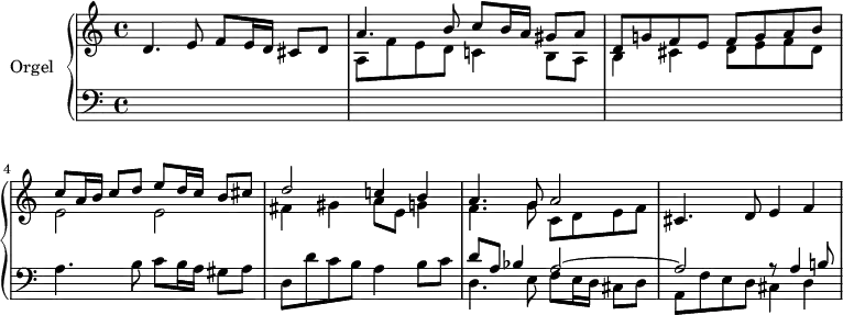 
\version "2.18.2"
 \header {
   tagline = ##f
 }
 upper = \relative c' {
   \clef treble
   \key c \major
   \time 4/4
   \tempo 4 = 70
   \tempo "Presto"
     \set Staff.midiInstrument = #"recorder"

    %%% Dopo l'Epistola (Canzon)
    d4. e8 f8 e16 d cis8 d
    << { a'4. b8 c8 b16 a gis8 a } \\ { a,8 f' e d c!4 b8 a } >>
    << { d8 g! f e f g a b } \\ { b,4 cis d8 e f d } >>
    %% ms 4
    << { c'8 a16 b c8 d e d16 c b8 cis } \\ { e,2 e } >>
    << { d'2 c!4 b } \\ { fis4 gis a8 e g!4 } >>
    << { a4. g8 a2 } \\ { f4. g8 c, d e f } >>
    cis4. d8 e4 f
 }

lower = \relative c {
   \clef bass
   \key c \major
   \time 4/4
     \set Staff.midiInstrument = #"recorder"

   s1*3 a'4. b8 c8 b16 a gis8 a d, d' c b a4 b8 c
   << { d8 a bes4 a2~ } \\ { d,4. e8 f8 e16 d cis8 d } >>
   << { a'2 r8 a4 b!8 } \\ { a,8 f' e d cis4 d } >>

}

\score {
   \new PianoStaff <<
     \set PianoStaff.instrumentName = #"Orgel"
     \new Staff = "upper" \upper
     \new Staff = "lower" \lower
   >>
   \layout {
     \context {
       \Score
       \remove "Metronome_mark_engraver"
     }
   }
   \midi { }
}
