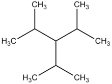 Strukturformel von 2,4-Dimethyl-3-(propan-2-yl)pentan, einem Isomer von Decan