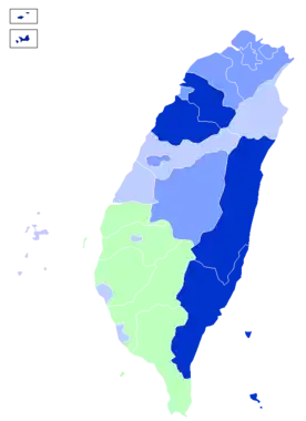 ﻿50,0 %–59,9 % für Hsieh Chang-ting ﻿50,0 %–59,9 % für Ma Ying-jeou ﻿60,0 %–69,9 % für Ma Ying-jeou ﻿70,0 %–79,9 % für Ma Ying-jeou