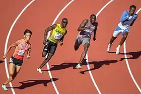 Erster Vorlauf (v. l. n. r.): Koki Ueyama, Joseph Paul Amoah, Jerome Blake, Joseph Fahnbulleh