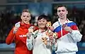 Ehrung der Sieger im Gerätefinale am Boden (von links nach rechts): Krisztián Balázs (Silber), Takeru Kitazono (Gold), Sergei Naidin (Bronze)