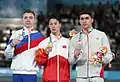 Ehrung der Sieger im Gerätefinale am Pauschenpferd (von links nach rechts): Sergei Naidin (Silber), Yin Dehang (Gold), Reza Bohloulzadeh (Bronze)