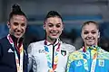 Ehrung der Siegerinnen im Gerätefinale am Boden (von links nach rechts): Amelie Morgan (Silber), Giorgia Villa (Gold), Anastassija Batschynska (Bronze)