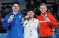 Ehrung der Sieger im Gerätefinale am Reck (von links nach rechts): Diogo Soares (Silber), Takeru Kitazono (Gold), Krisztián Balázs (Bronze)