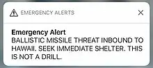 Warnmeldung des falschen Raketenalarms auf Hawaii 2018