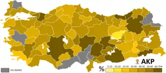 Stimmenanteile der Bürgermeisterkandidaten der AKP nach Provinzen.
