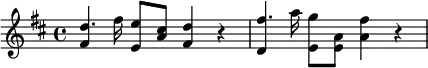 {\key d \major <<{fis'4} {d''8. fis''16}>> <e' e''>8 <a' cis''> <fis' d''>4  r4 <<{d'4} {fis''8. a''16}>> <e' g''>8 <a' e'> <a' fis''>4 r4}