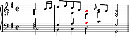 
\header {tagline = ##f}
upper = \relative c'' {
  \clef treble
  \key g \major
  \time 2/2
  \tempo 4 = 92
      <<
         {
           \voiceOne
           s2 a4. b16 c d8 e c a \tweak NoteHead.color #red \tweak Stem.color #red g4 \grace b16 a8 g <g d b>2 \bar "||" }
           \new Voice {
           \voiceTwo
           s2 <d fis>4. s8 s4 e d fis }
       >>
}
lower = \relative c {
  \clef bass
  \key g \major

       <<
         {
           \voiceOne
           s2 <d fis a> g4 a \tweak NoteHead.color #red \tweak Stem.color #red b c g2 }
           \new Voice {
           \voiceTwo
           s2 c, b4 c d2 g, }
       >>
}
\score {
  \new PianoStaff <<
    \new Staff = "upper" \upper
    \new Staff = "lower" \lower
  >>
  \layout {
    \context {
      \Score
      \remove "Metronome_mark_engraver"
    }
  }
  \midi { }
}
