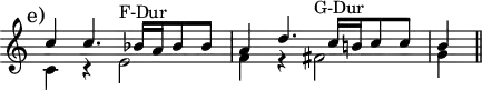 
\version "2.14.2"
\header {
  tagline = ##f
}
upper = \relative c'' {
  \override Score.TimeSignature.stencil=##f
  \clef treble 
  \key c \major
  \time 4/4
  \tempo 4 = 80

<< { \mark "e)" c4 c4. bes16[ a bes8 bes] a4 d4. c16[ b! c8 c] b4} \\ {c,4 r e2^"F-Dur" f4 r fis2^"G-Dur" g4 \bar "||"} >>

}

\score {
    \new Staff = "upper" \upper
  \layout {
    \context {
      \Score
      \remove "Metronome_mark_engraver"
      \remove "Bar_number_engraver"
    }
  }
  \midi { }
}
